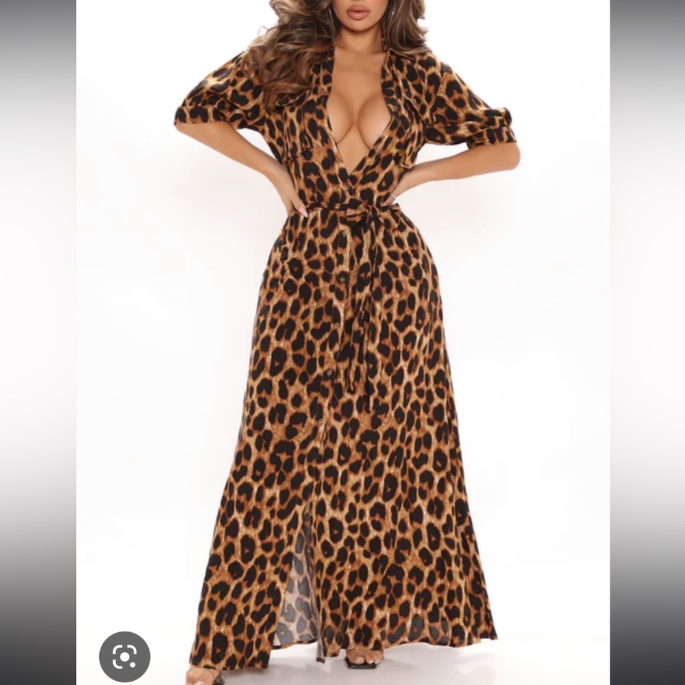 Fashion Nova leopard classified button down belted dress and duster